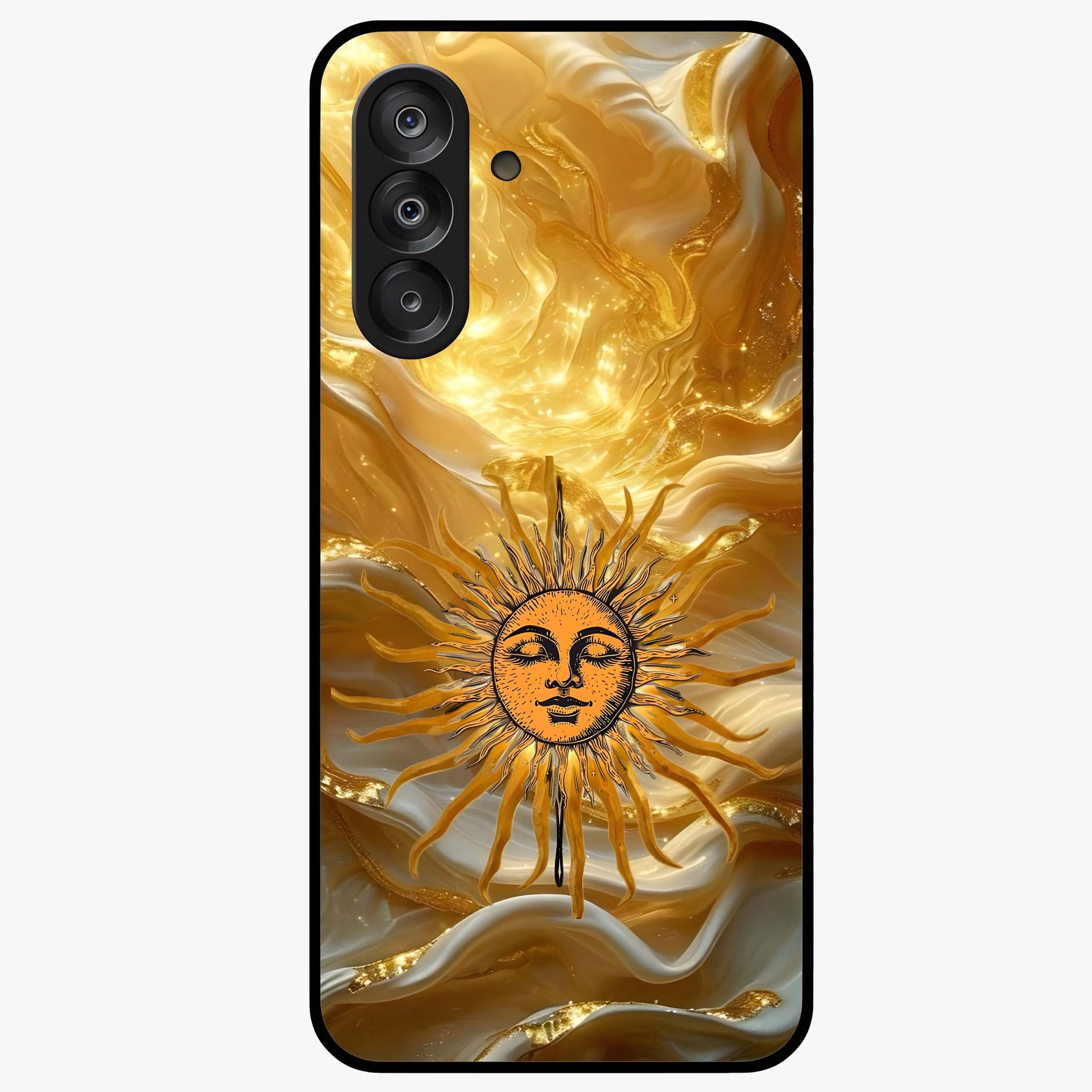 Eternal Golden Glow Glass Case showing flat back view with radiant golden themed artwork and glossy glass finish.