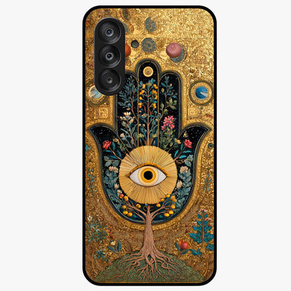 Ethereal Evil Eye Glass Case showing flat back view with mystical evil eye artwork and glossy glass finish.
