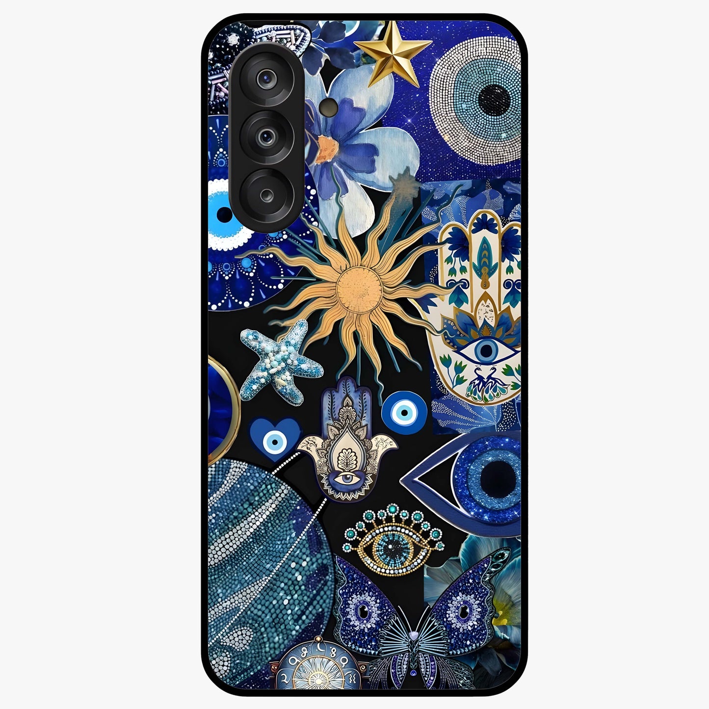 Evil Eye Charm Mix Glass Case showing flat back view with multiple evil eye charms artwork and glossy glass finish.