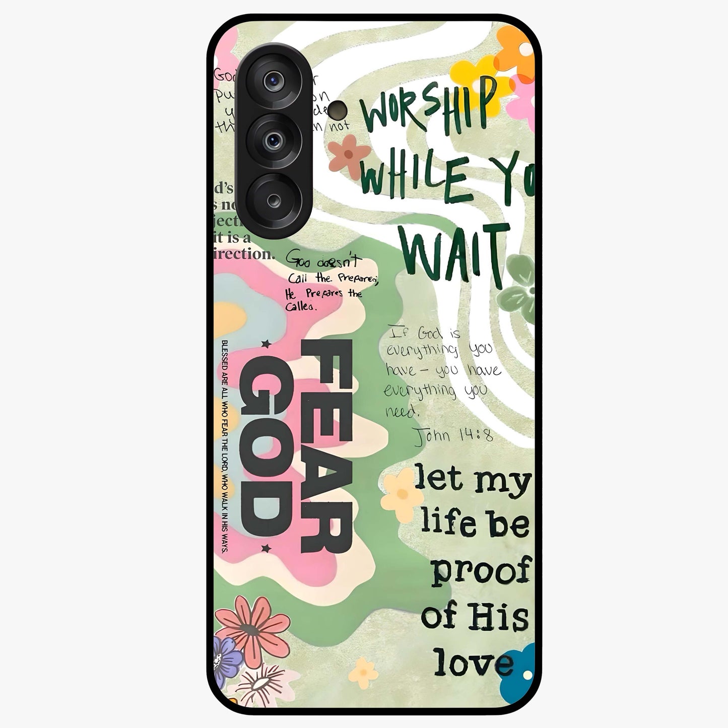 Faith Over Fear Glass Case showing flat back view with motivational typography artwork and glossy glass finish.