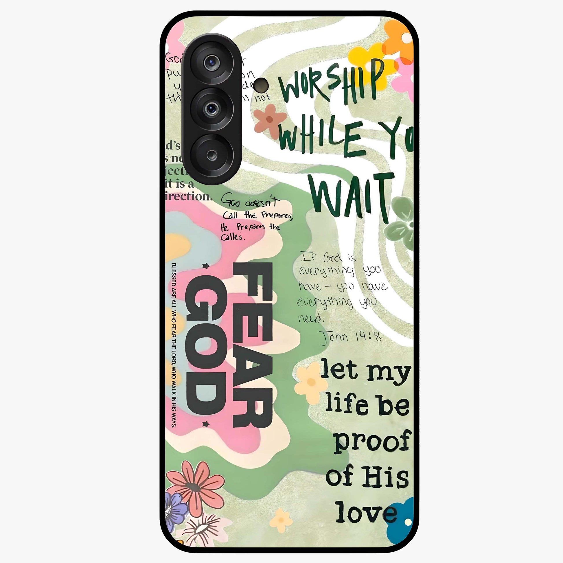 Faith Over Fear Glass Case showing flat back view with motivational typography artwork and glossy glass finish.