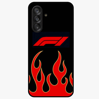 Fire F11 Glass Case showing flat back view with fiery themed artwork and glossy glass finish.