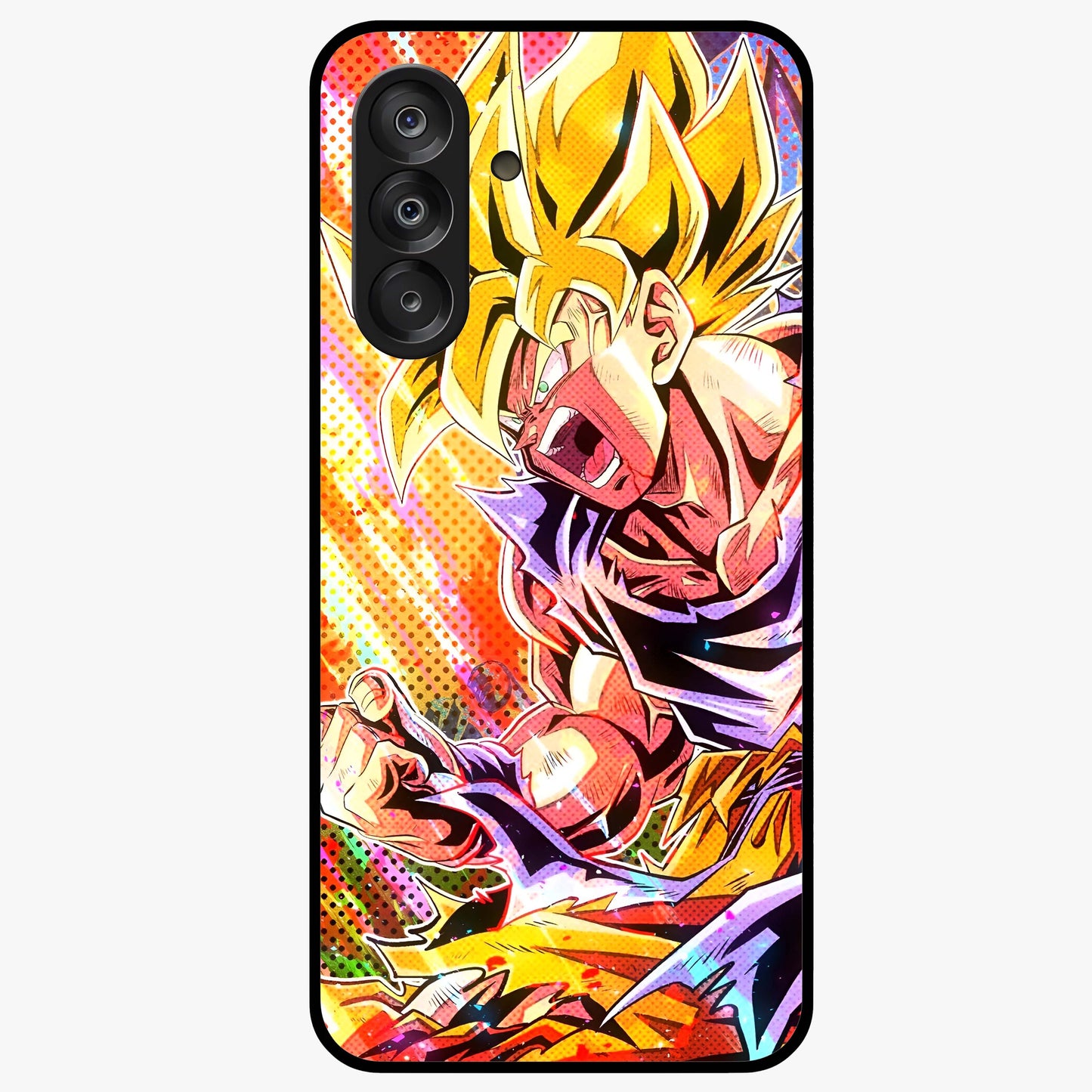 Firing Goku Glass Case showing flat back view with powerful anime inspired artwork and glossy glass finish.