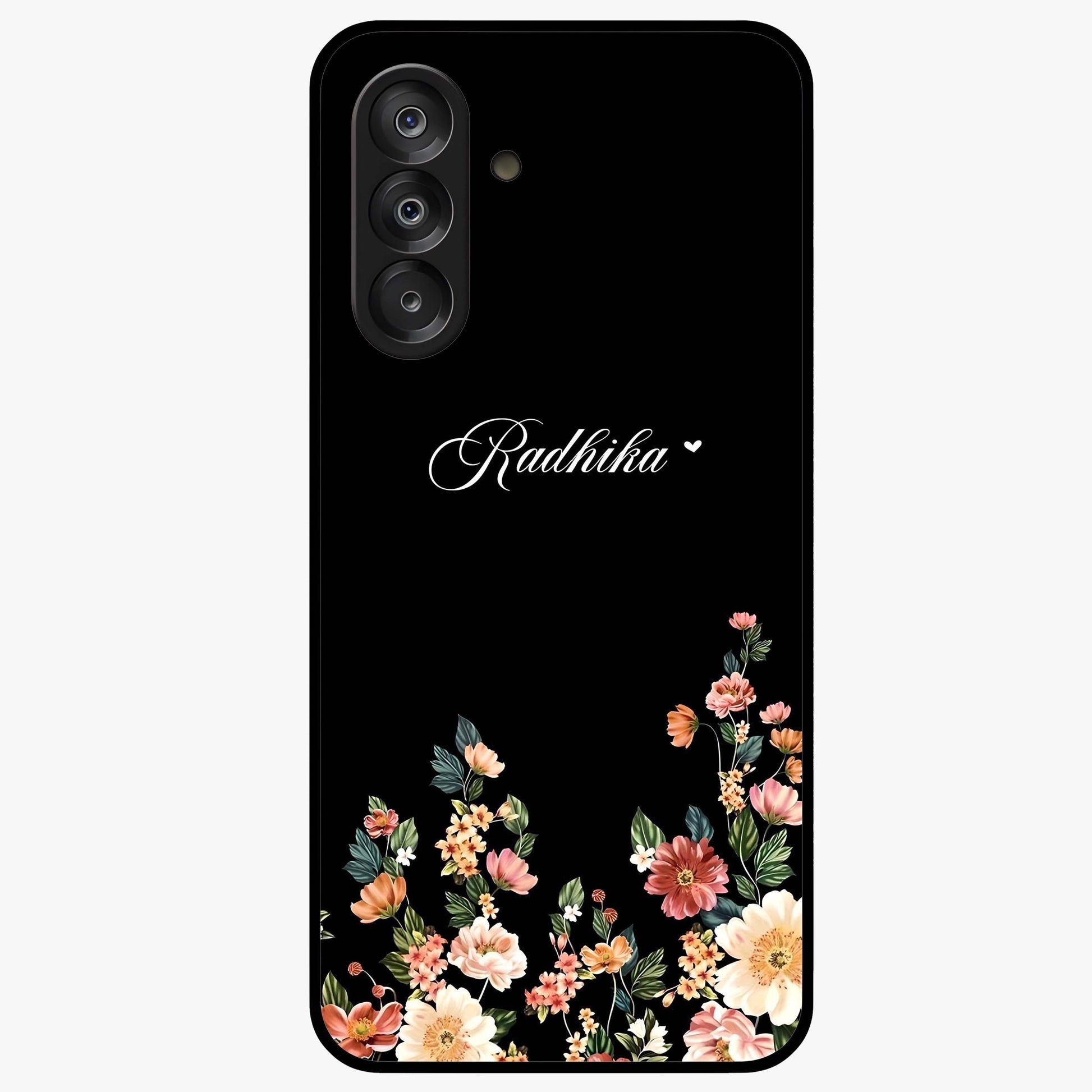 Floral Design With a Custom Personalized Name Glass Case showing flat back view with floral artwork and personalized name design.