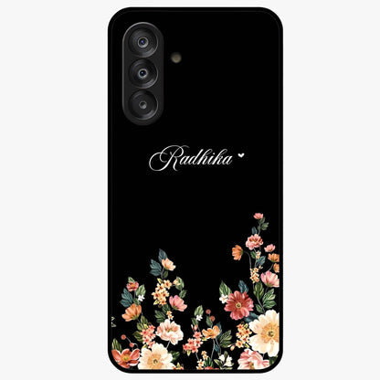 Floral Design With a Custom Personalized Name Glass Case showing flat back view with floral artwork and personalized name design.