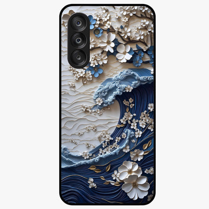Floral Wave Origami Glass Case showing flat back view with origami inspired floral wave artwork and glossy glass finish.