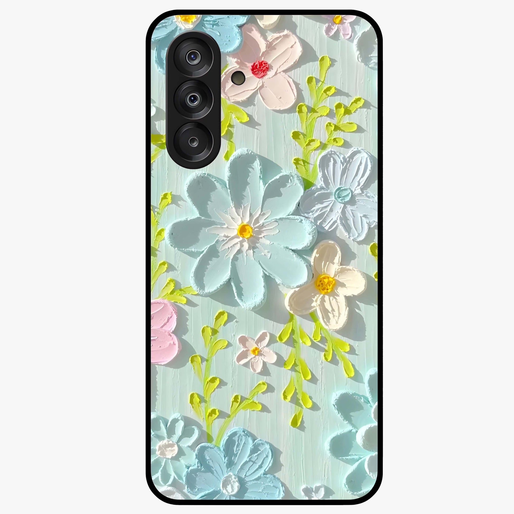 Frosted Petal Garden Glass Case showing flat back view with soft frosted floral artwork and glossy glass finish.