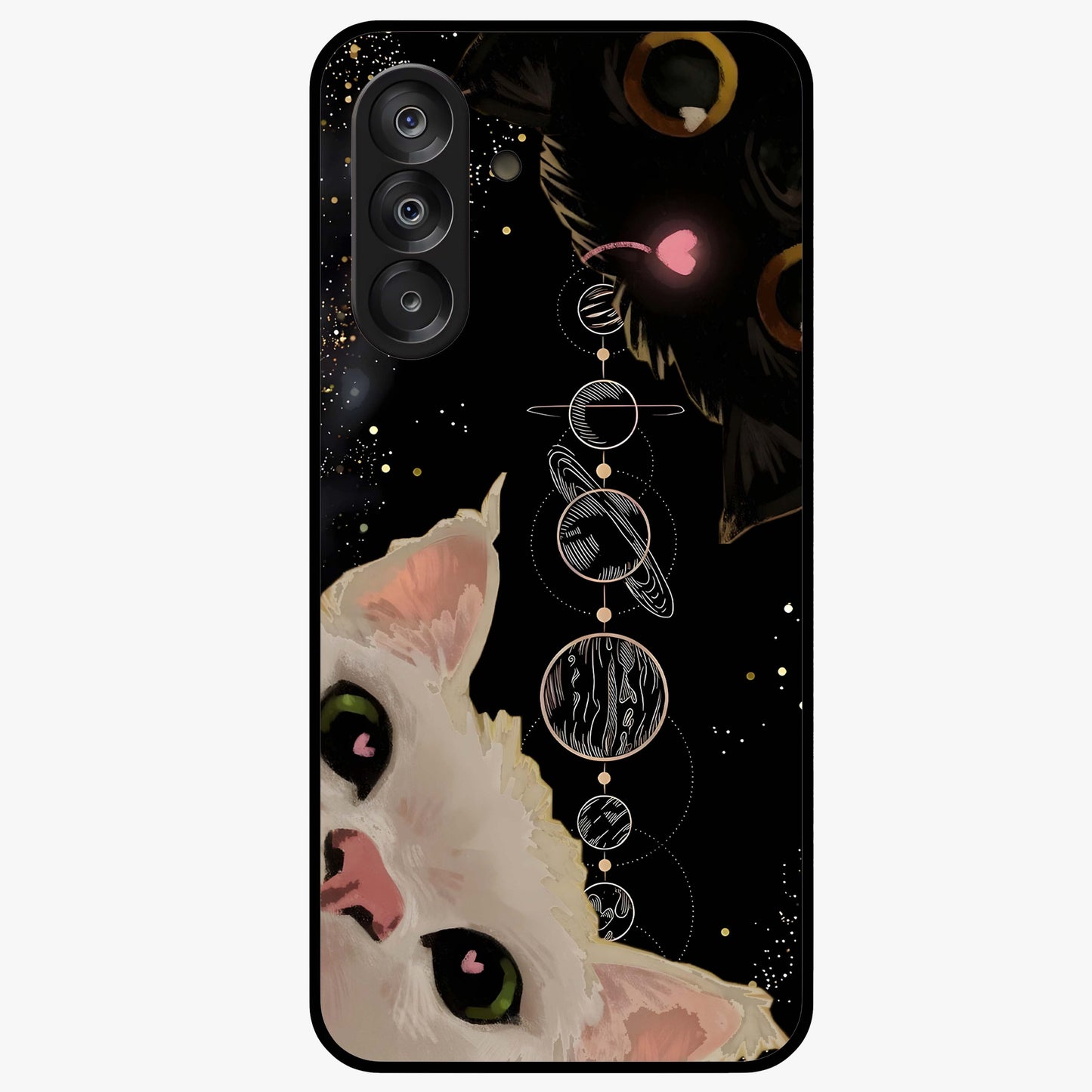 Galactic Cat Glass Case showing flat back view with cosmic cat artwork and glossy glass finish.