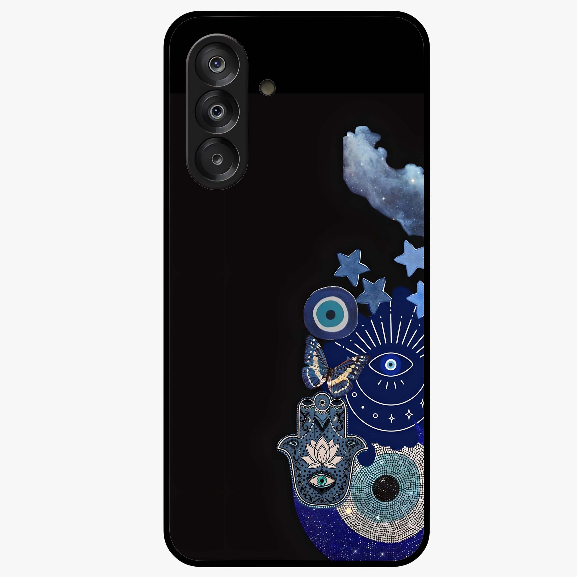 Galactic Charm Cluster Glass Case showing flat back view with glowing celestial charm artwork and glossy glass finish.