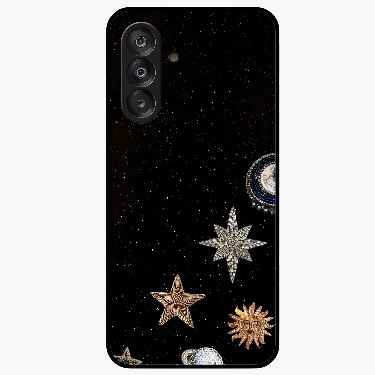 Galactic Charm Glow Glass Case showing flat back view with glowing celestial charm artwork and glossy glass finish.