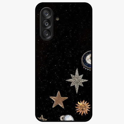 Galactic Charm Glow Glass Case showing flat back view with glowing celestial charm artwork and glossy glass finish.