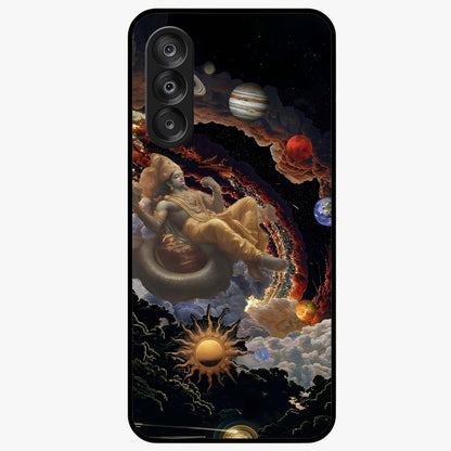 Galactic Divine God Glass Case showing flat back view with divine cosmic themed artwork and glossy glass finish.