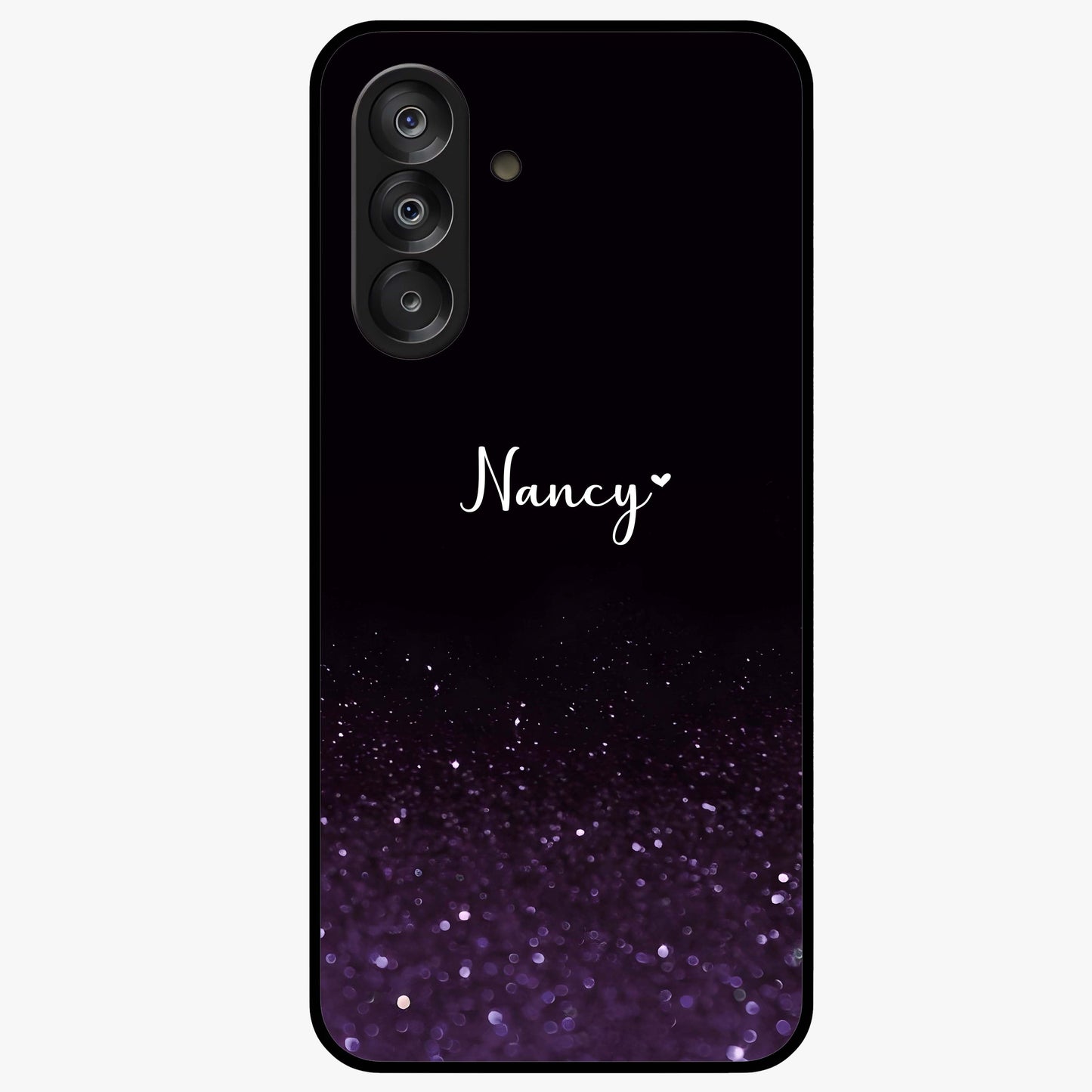 Glittery Purple Bokeh Custom Name Glass Case showing flat back view with purple bokeh sparkle artwork and personalized name design.
