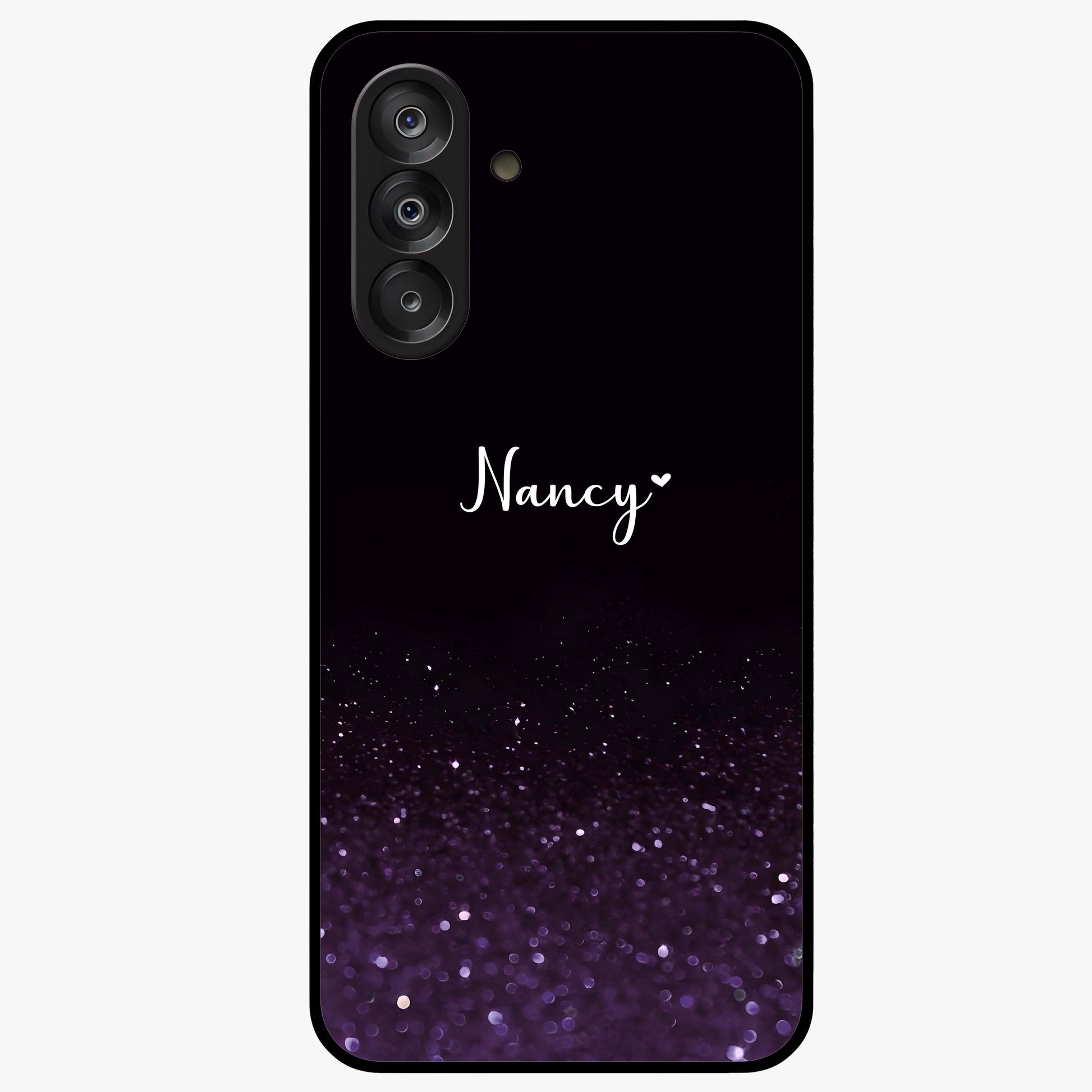 Glittery Purple Bokeh Custom Name Glass Case showing flat back view with purple bokeh sparkle artwork and personalized name design.