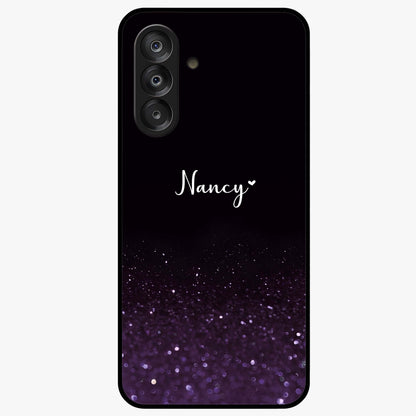 Glittery Purple Bokeh Custom Name Glass Case showing flat back view with purple bokeh sparkle artwork and personalized name design.