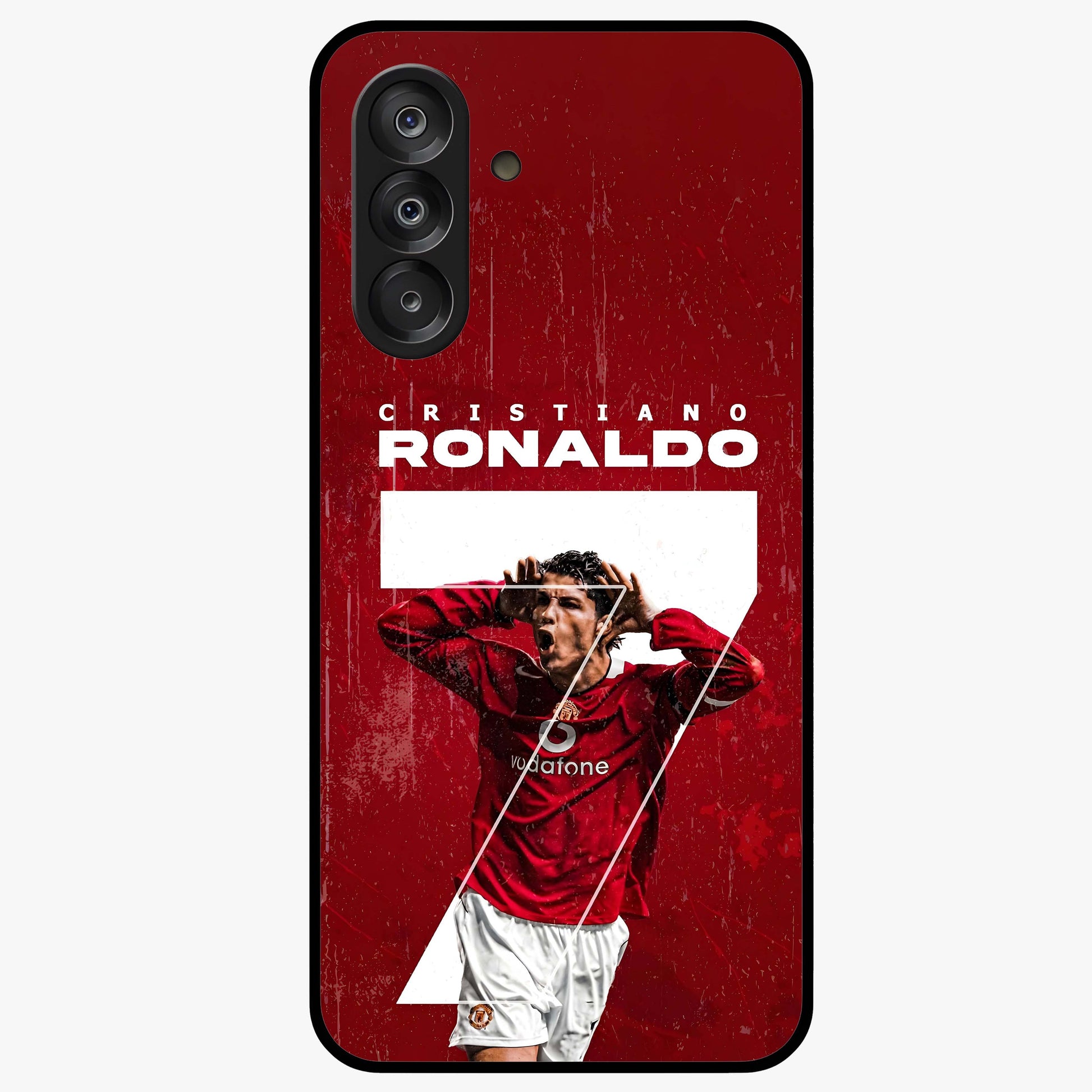 Goal Celebration Legacy Glass Case showing flat back view with football celebration inspired artwork and glossy glass finish.