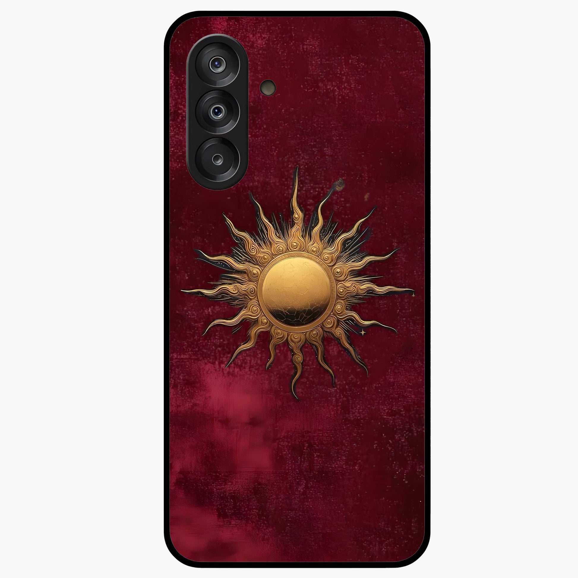 Gold Sun Blush Glass Case showing flat back view with golden sun inspired artwork and glossy glass finish.