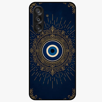 Golden Evil Eye Mandala Glass Case showing flat back view with intricate evil eye mandala artwork and glossy glass finish.