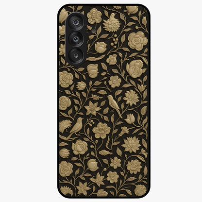Golden Floral Majesty Glass Case showing flat back view with luxurious golden floral artwork and glossy glass finish.