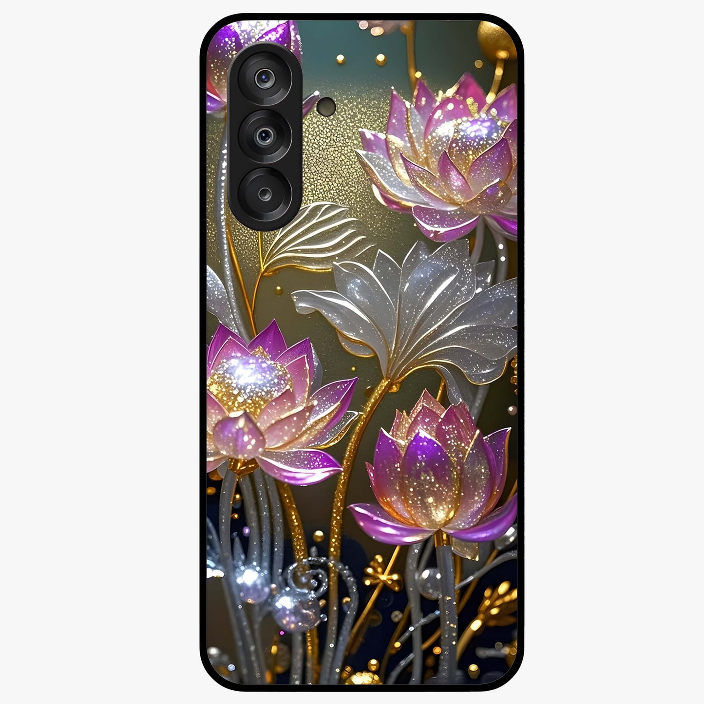 Golden Lotus Glow Glass Case showing flat back view with glowing lotus flower artwork and glossy glass finish.