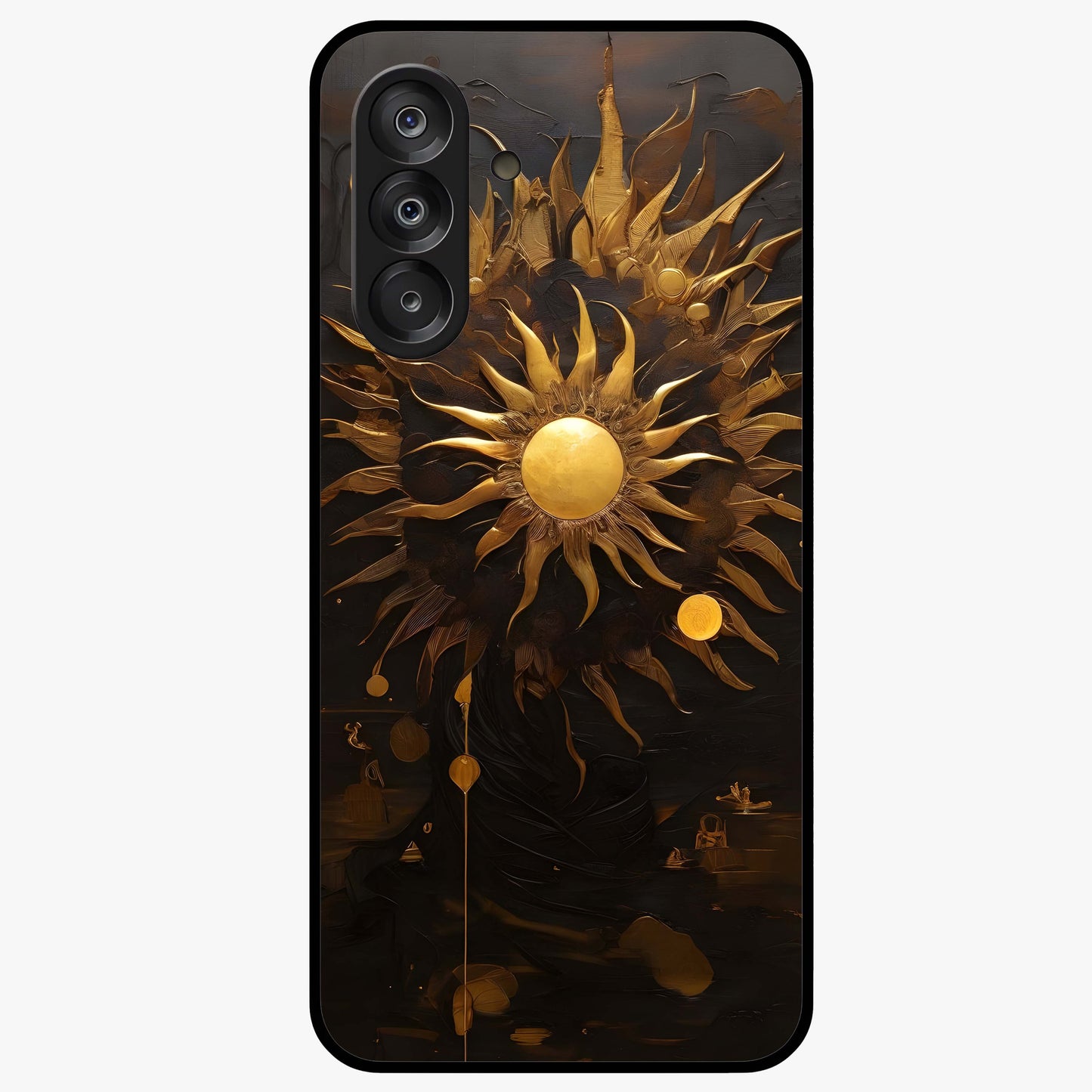 Golden Sun Majesty Glass Case showing flat back view with radiant golden sun artwork and glossy glass finish.