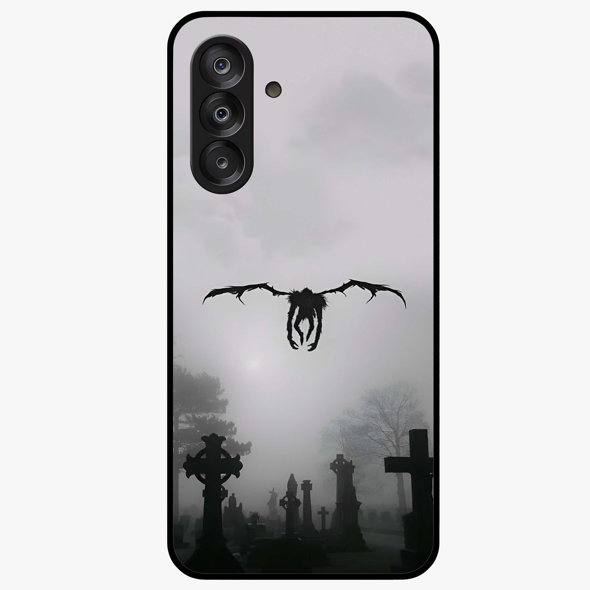 Graveyard Shadow Descent Glass Case showing flat back view with dark graveyard themed artwork and glossy glass finish.