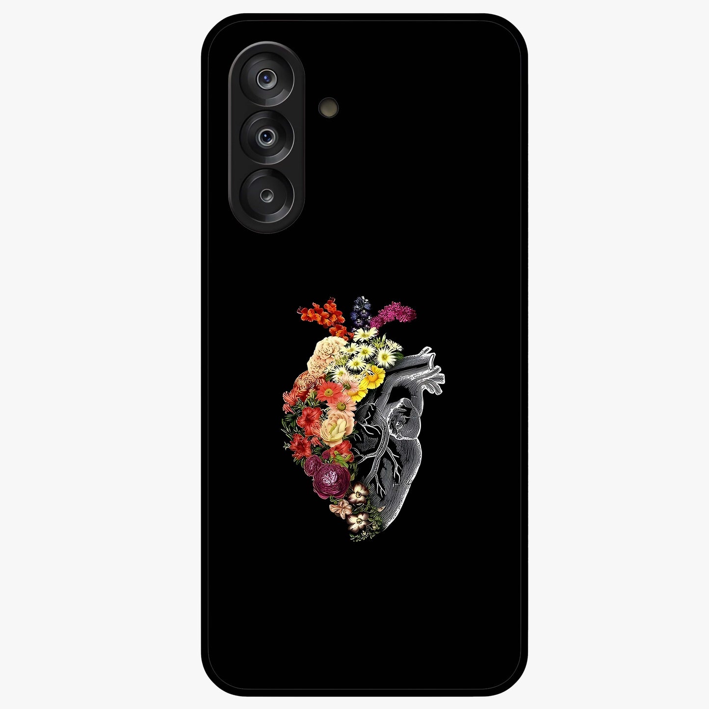 Heart With Flowers Glass Case showing flat back view with heart shaped floral artwork and glossy glass finish.
