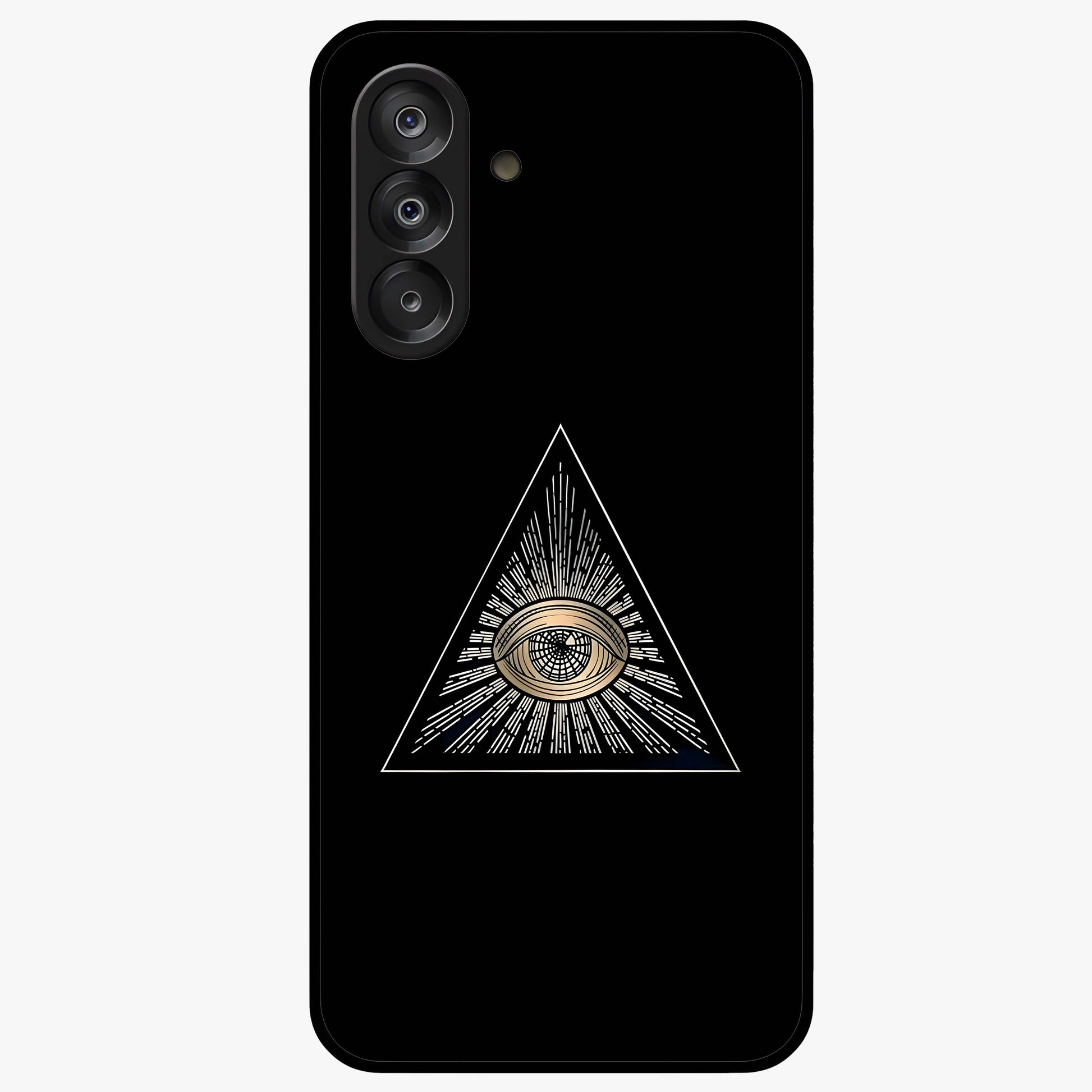 Illuminati Evil Glass Case showing flat back view with mysterious illuminati symbol artwork and glossy glass finish.