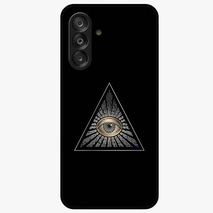 Illuminati Evil Glass Case showing flat back view with mysterious illuminati symbol artwork and glossy glass finish.