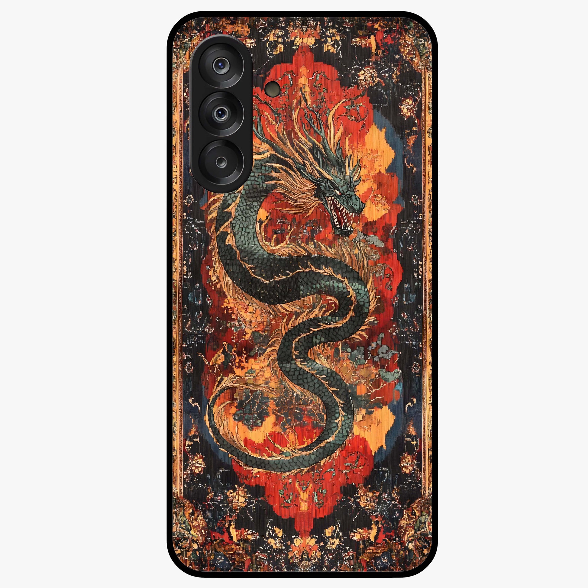 Inferno Dragon Soul Glass Case showing flat back view with fiery dragon artwork and glossy glass finish.