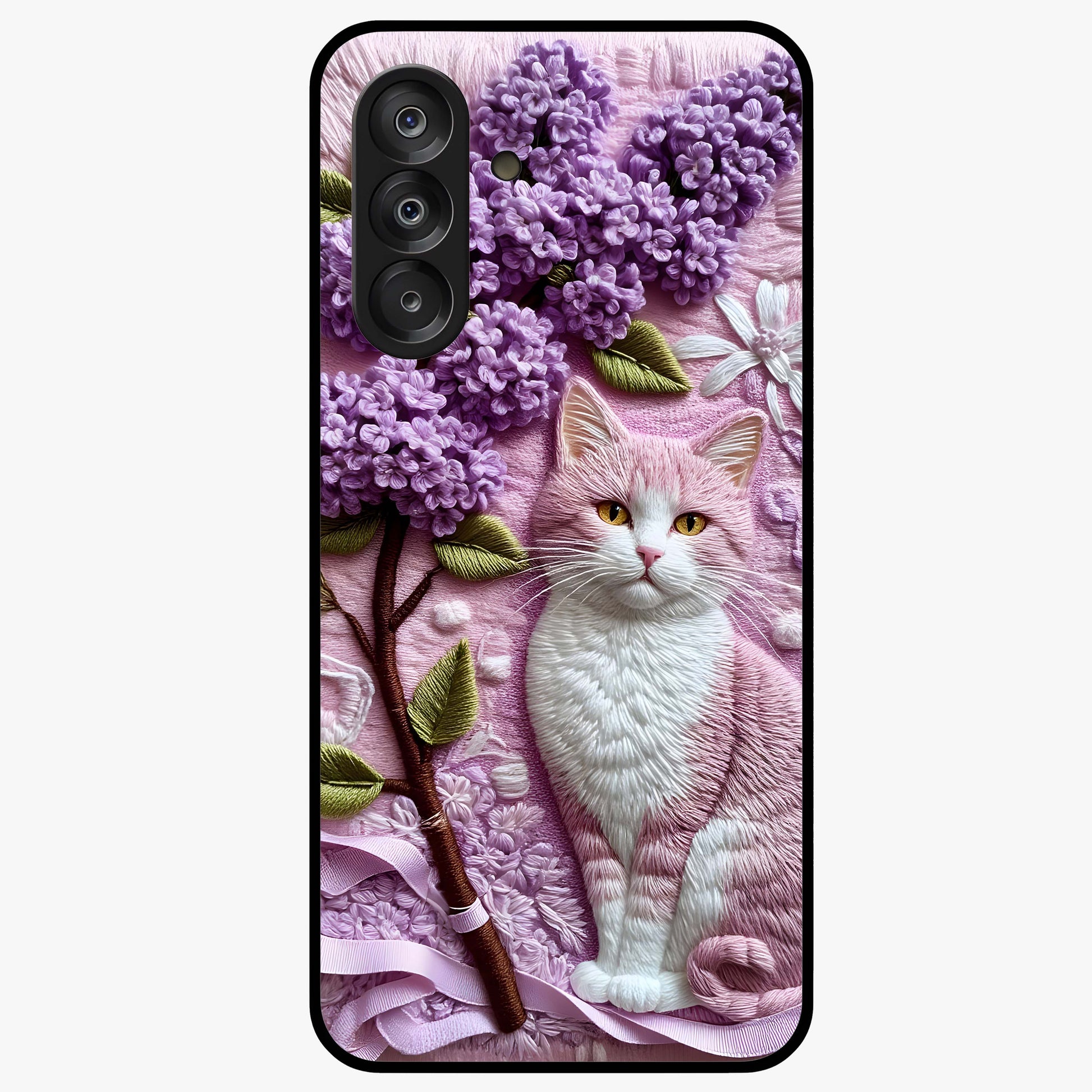 Lavender Cat Whimsy Glass Case showing flat back view with cute lavender cat artwork and glossy glass finish.
