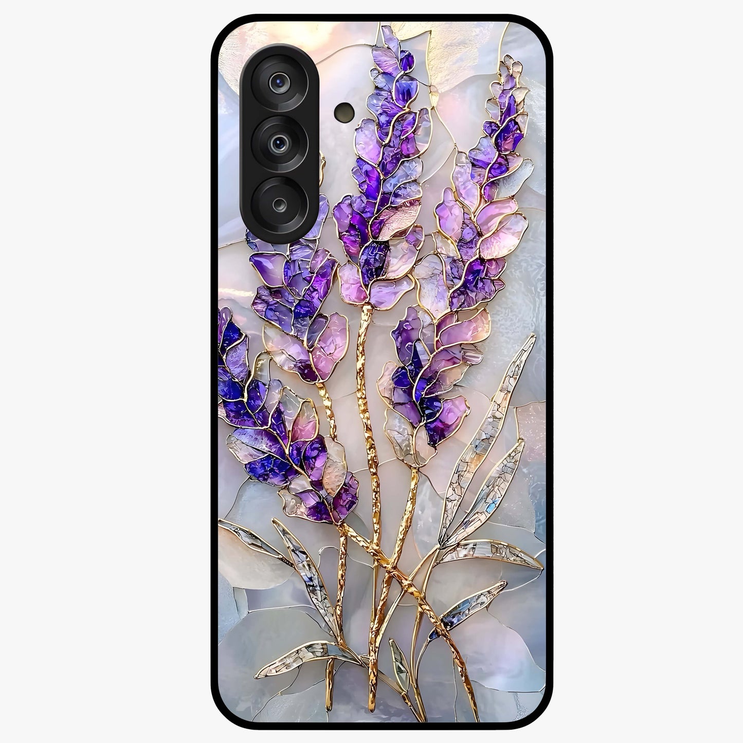 Lavender Dream Glow Glass Case showing flat back view with glowing lavender aesthetic artwork and glossy glass finish.