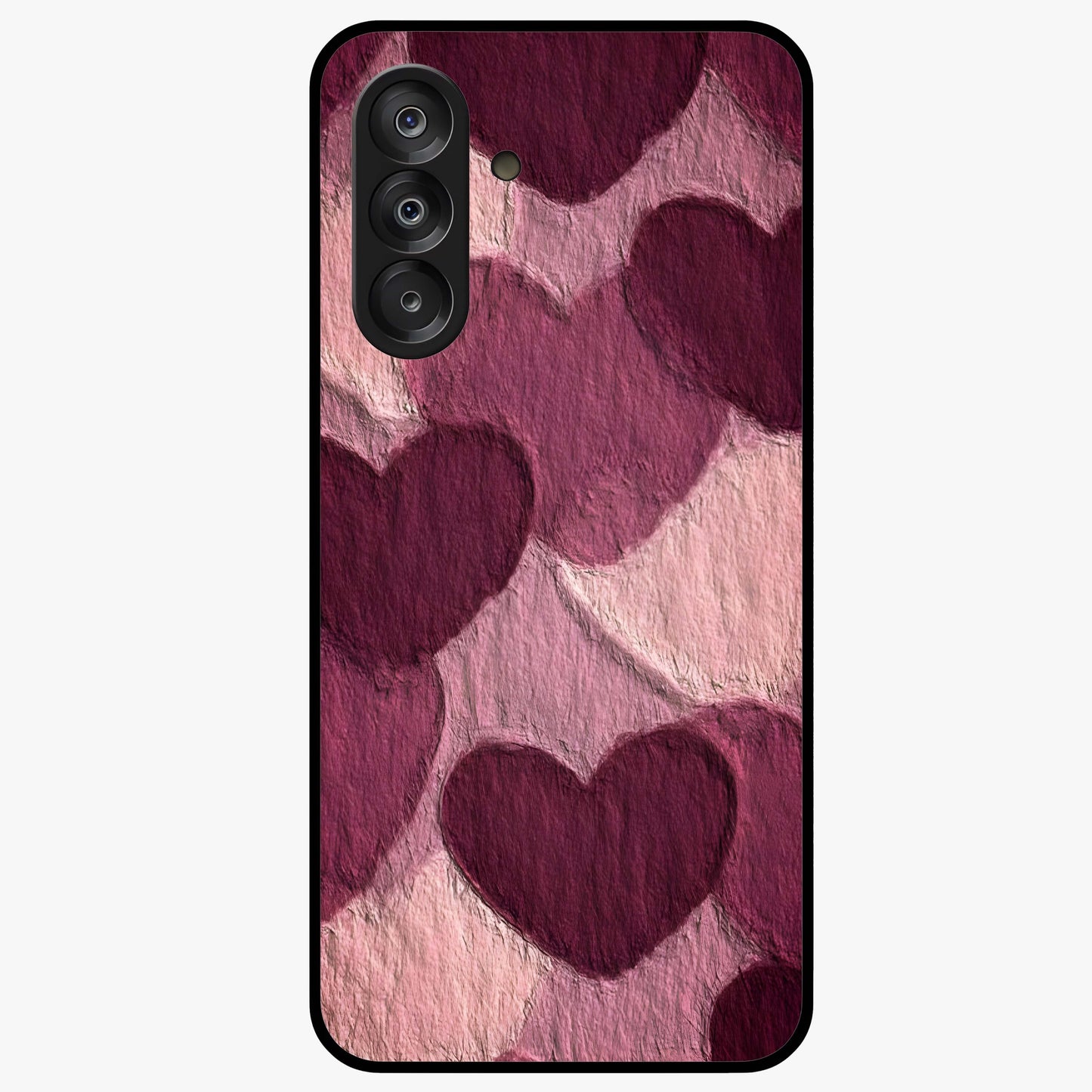 Layered Paper Hearts Glass Case showing flat back view with layered paper heart artwork and glossy glass finish.