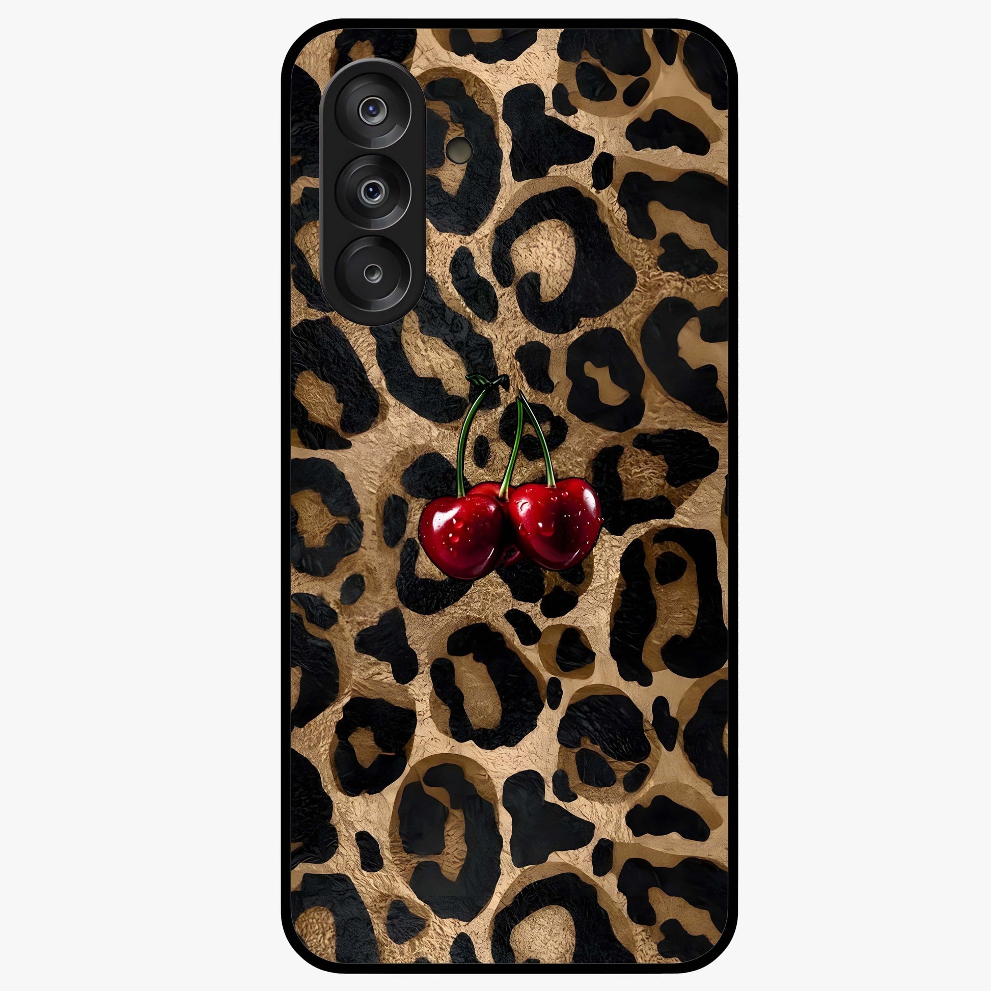 Leopard Wild Cherry Glass Case showing flat back view with leopard pattern and cherry artwork and glossy glass finish.