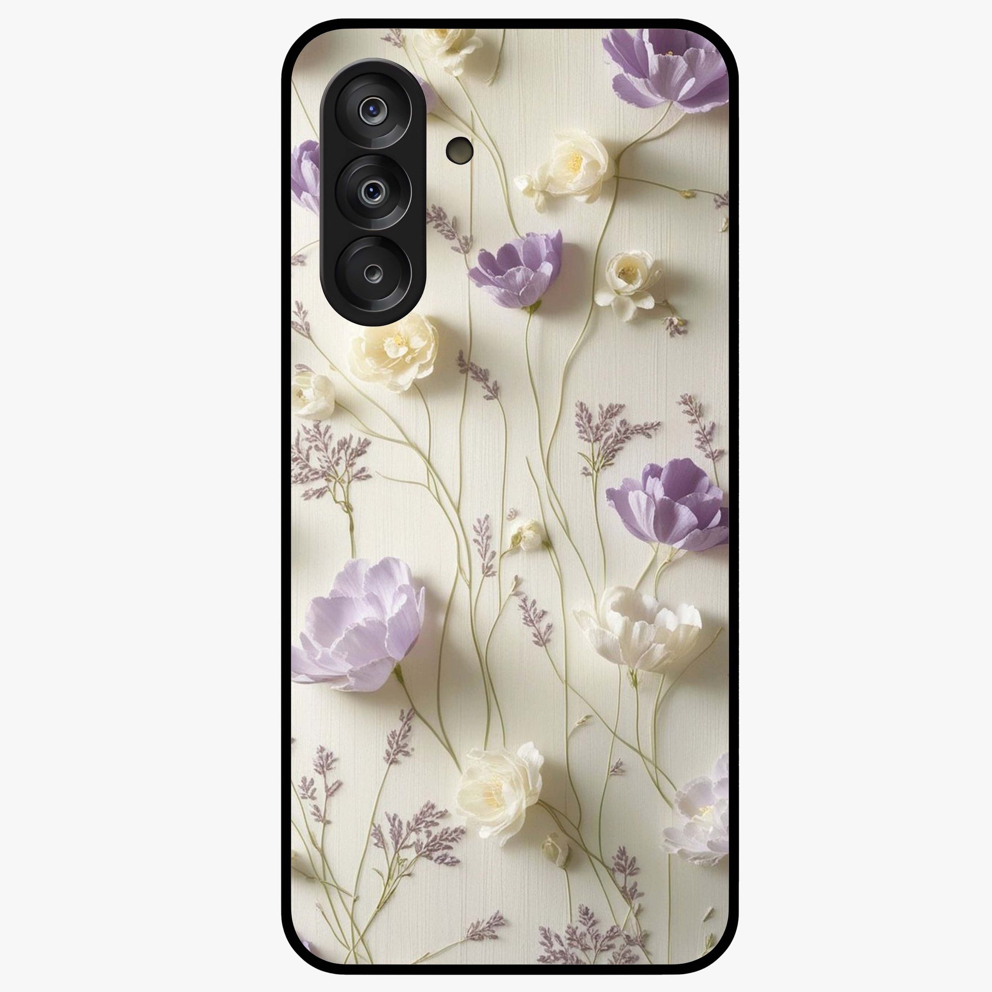 Lilac Breeze Harmony Glass Case showing flat back view with soft lilac themed artwork and glossy glass finish.