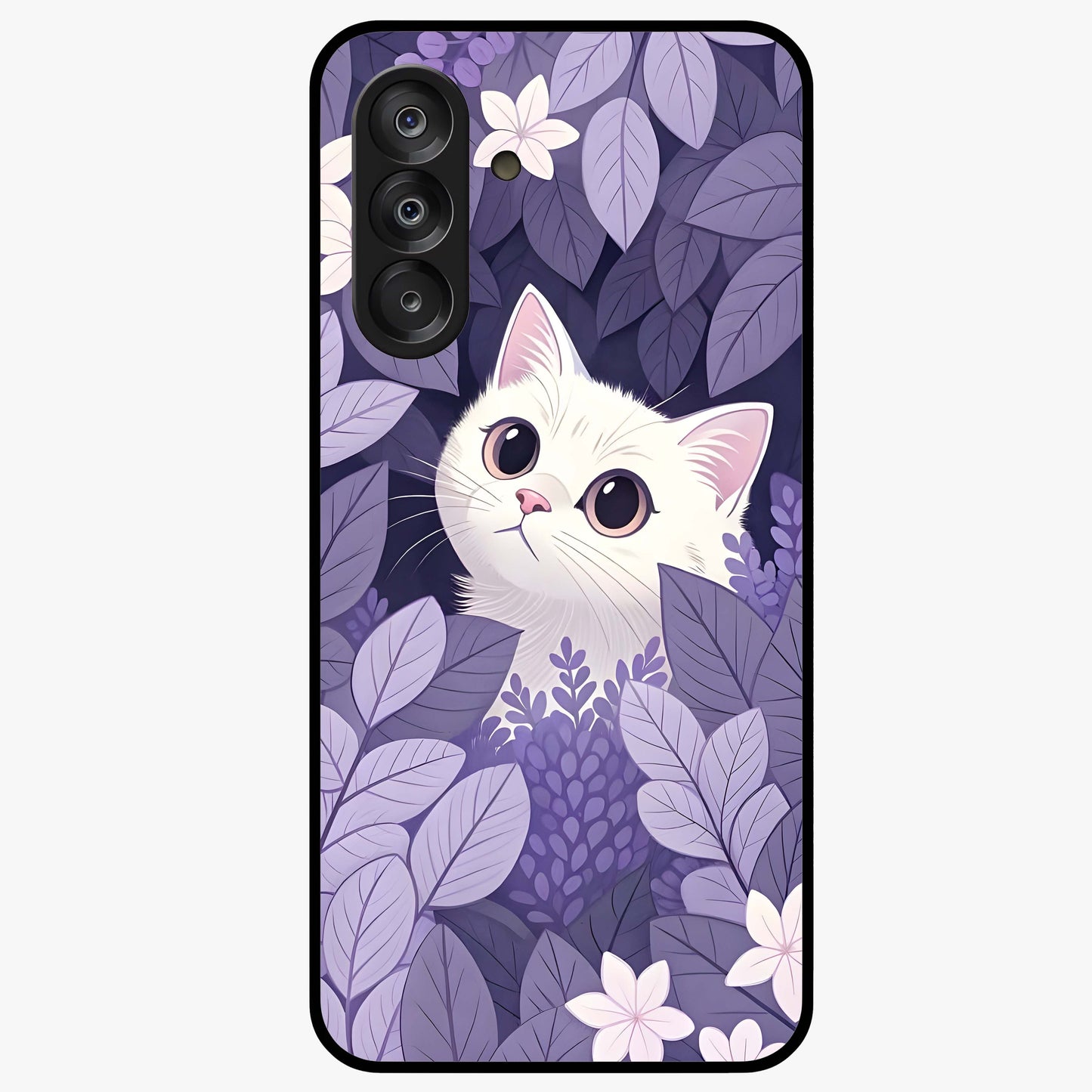 Lilac Hide Peek Cat Glass Case showing flat back view with cute peeking cat artwork and glossy glass finish.