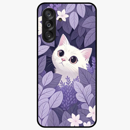 Lilac Hide Peek Cat Glass Case showing flat back view with cute peeking cat artwork and glossy glass finish.