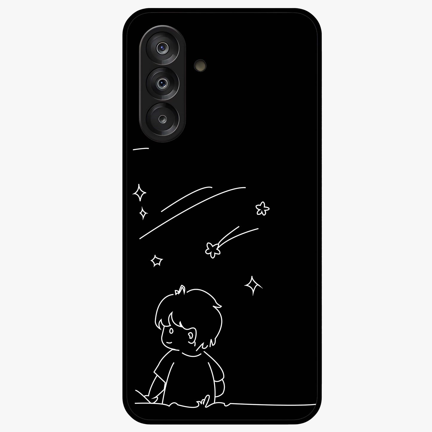 Line Art Boy With Shooting Stars Glass Case showing flat back view with minimal line art boy and shooting stars illustration and glossy glass finish.
