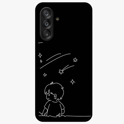 Line Art Boy With Shooting Stars Glass Case showing flat back view with minimal line art boy and shooting stars illustration and glossy glass finish.