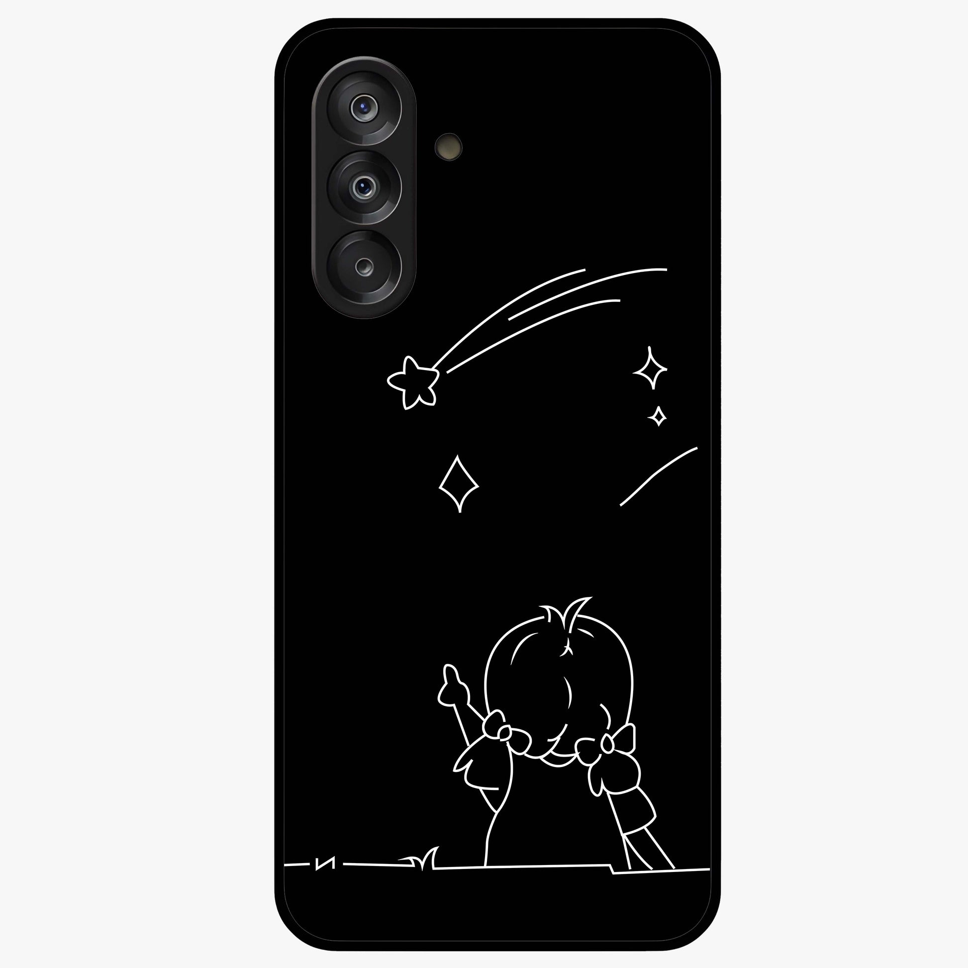 Line Art Girl With Shooting Stars Glass Case showing flat back view with minimal line art girl and shooting stars illustration and glossy glass finish.