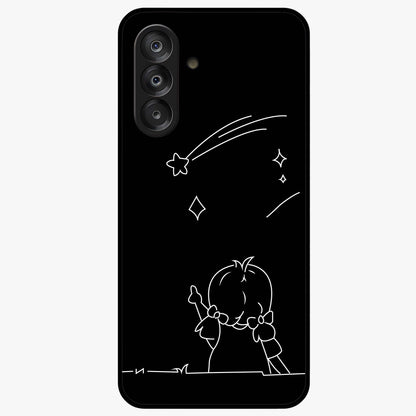 Line Art Girl With Shooting Stars Glass Case showing flat back view with minimal line art girl and shooting stars illustration and glossy glass finish.