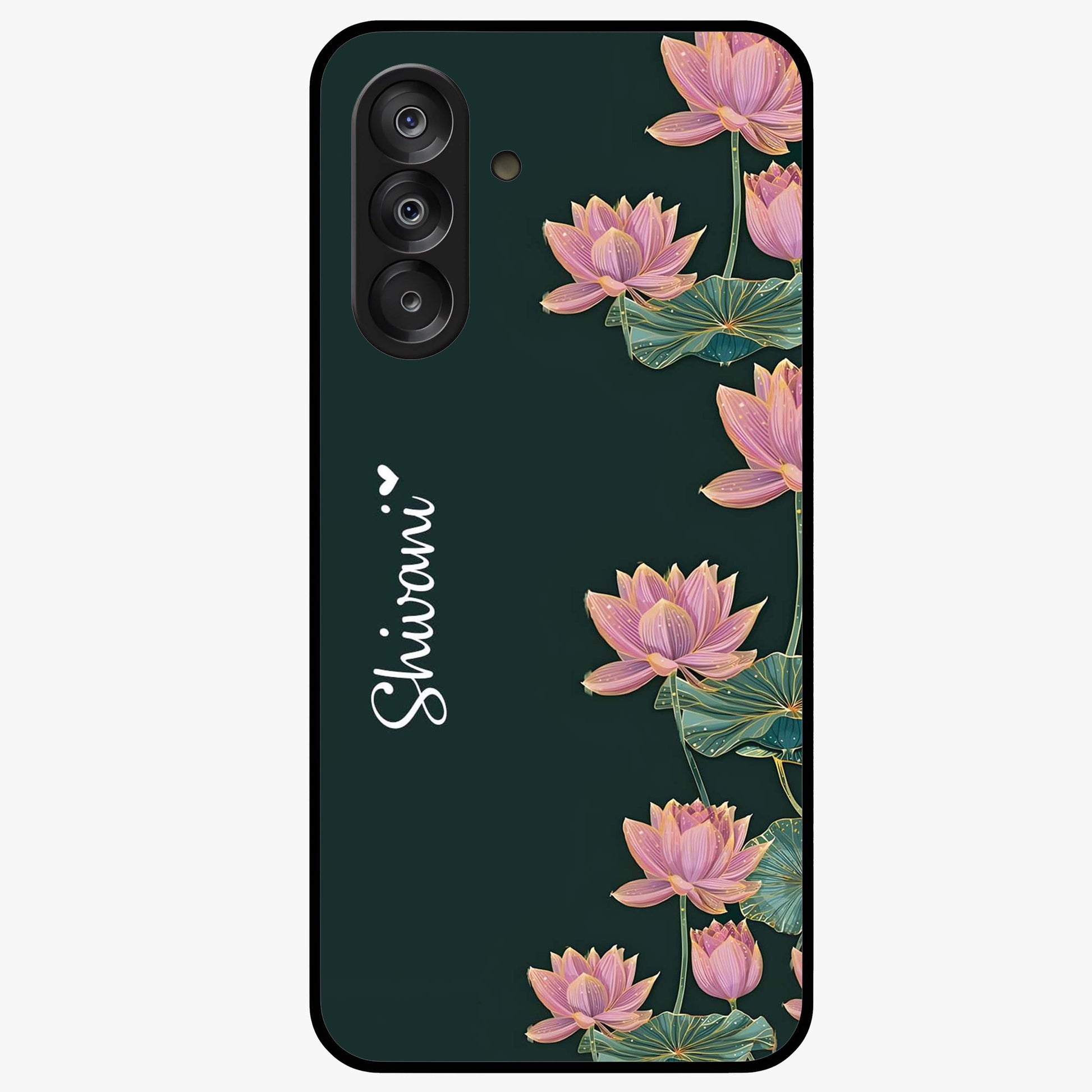 Lotus Bloom Serenity Custom Name Glass Case showing flat back view with elegant lotus flower artwork and personalized name design.