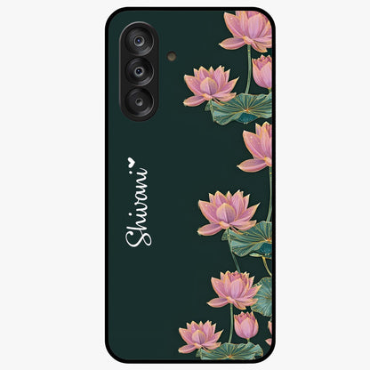 Lotus Bloom Serenity Custom Name Glass Case showing flat back view with elegant lotus flower artwork and personalized name design.
