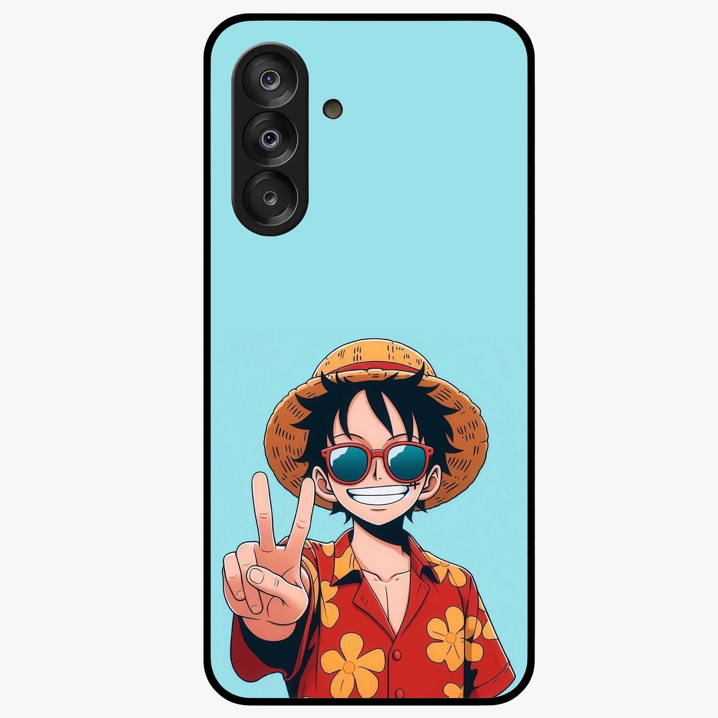 Luffy Summer Anime Vibe Glass Case showing flat back view with vibrant anime character artwork and glossy glass finish.