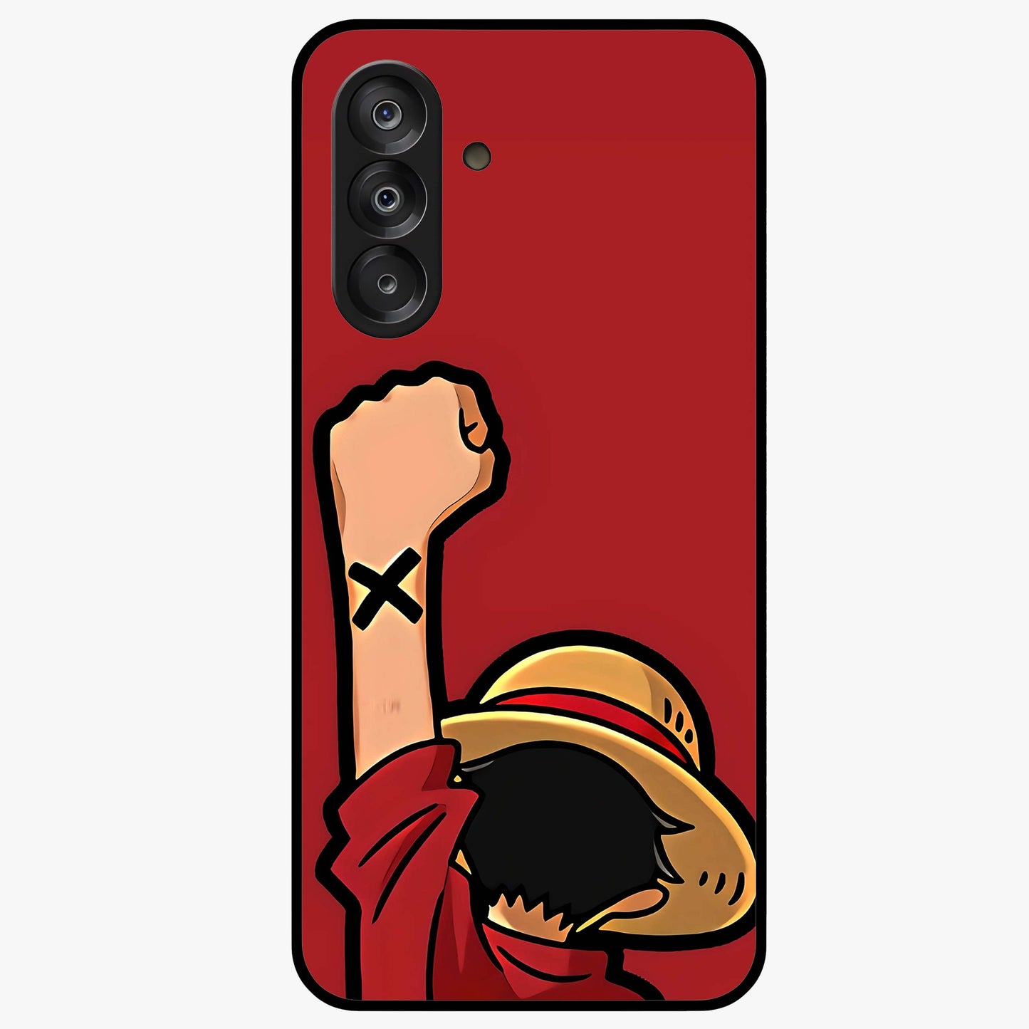 Luffy X Spirit Glass Case showing flat back view with bold anime character artwork and glossy glass finish.