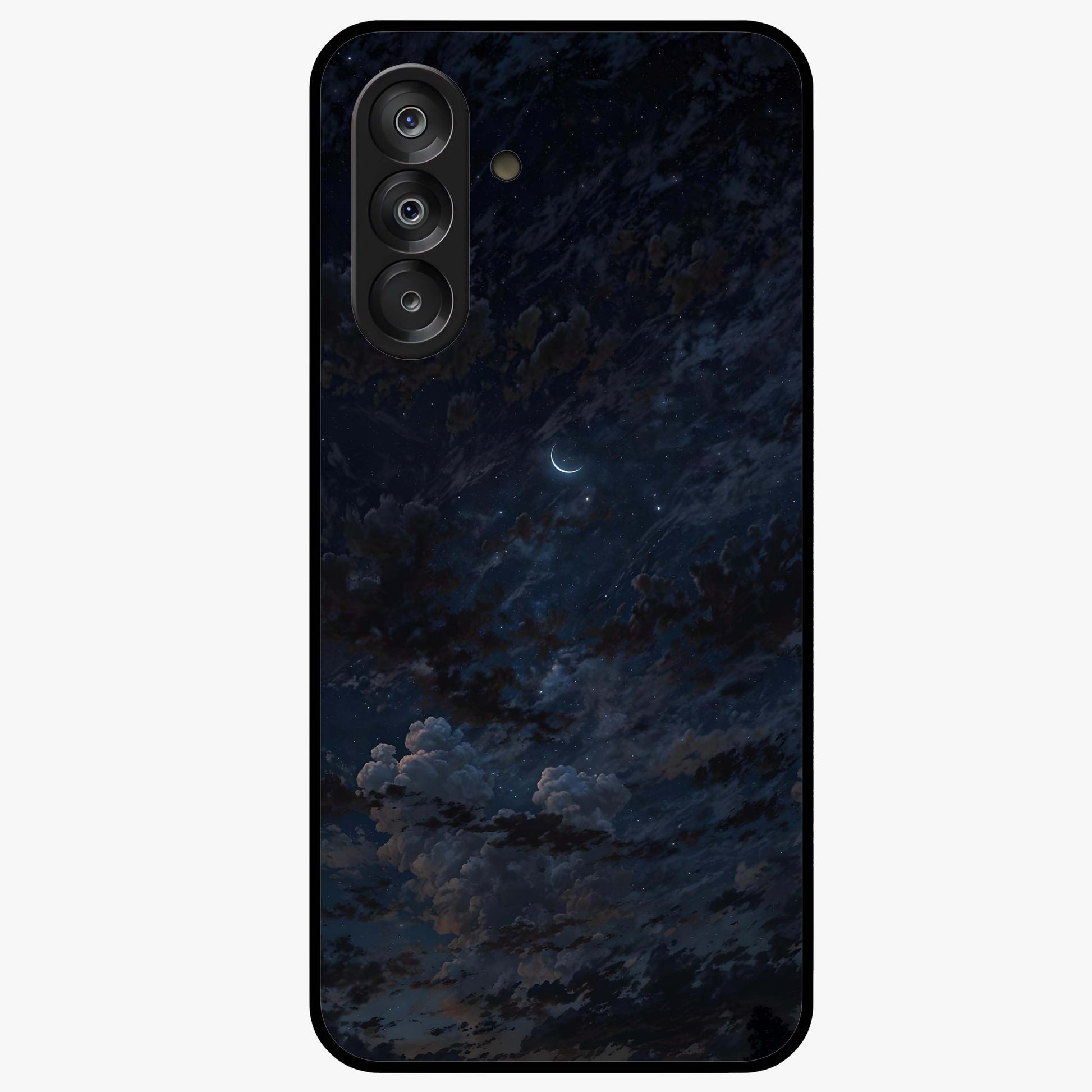 Lunar Veil Silence Glass Case showing flat back view with mystical moon veil artwork and glossy glass finish.