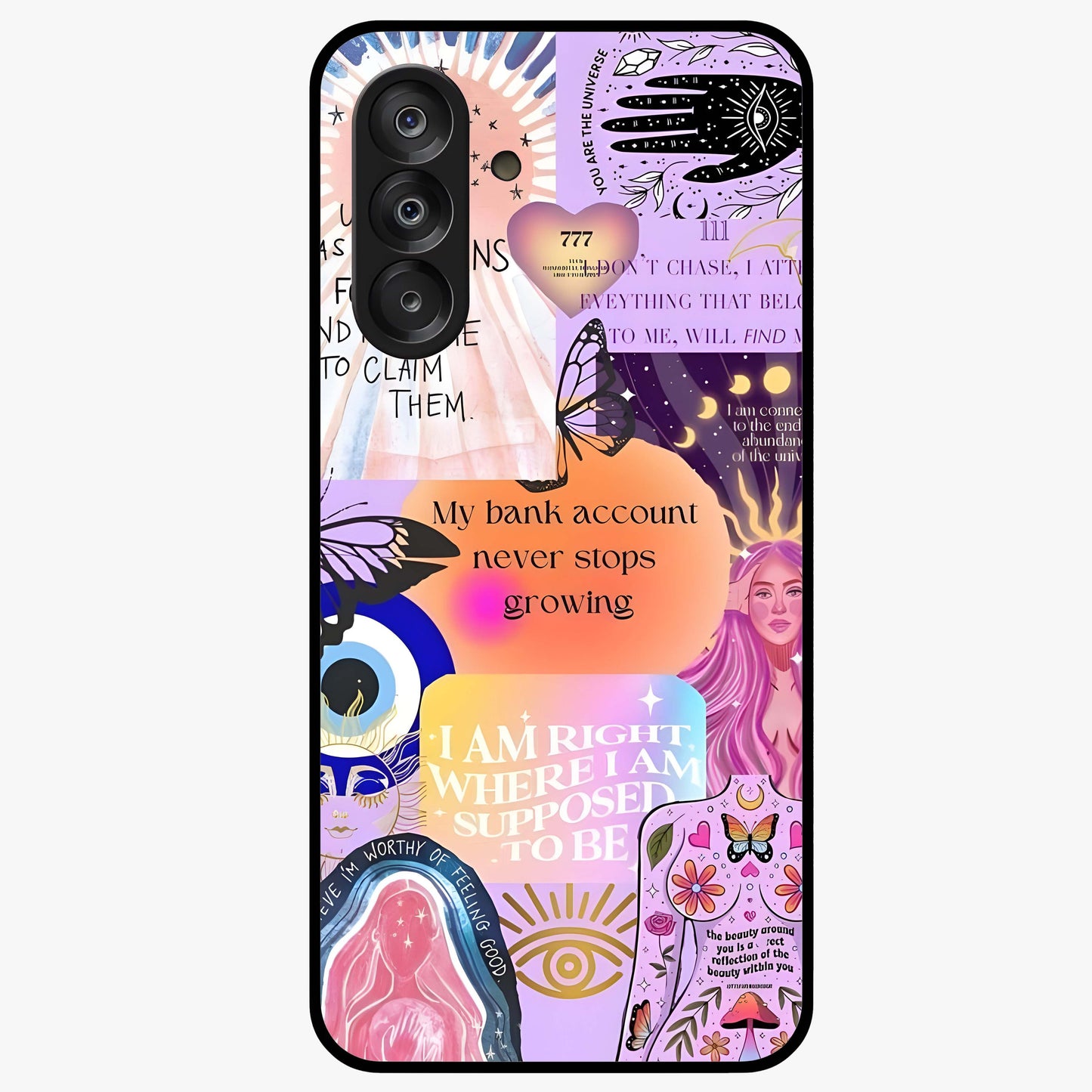 Manifestation Collage Glass Case showing flat back view with motivational collage artwork and glossy glass finish.