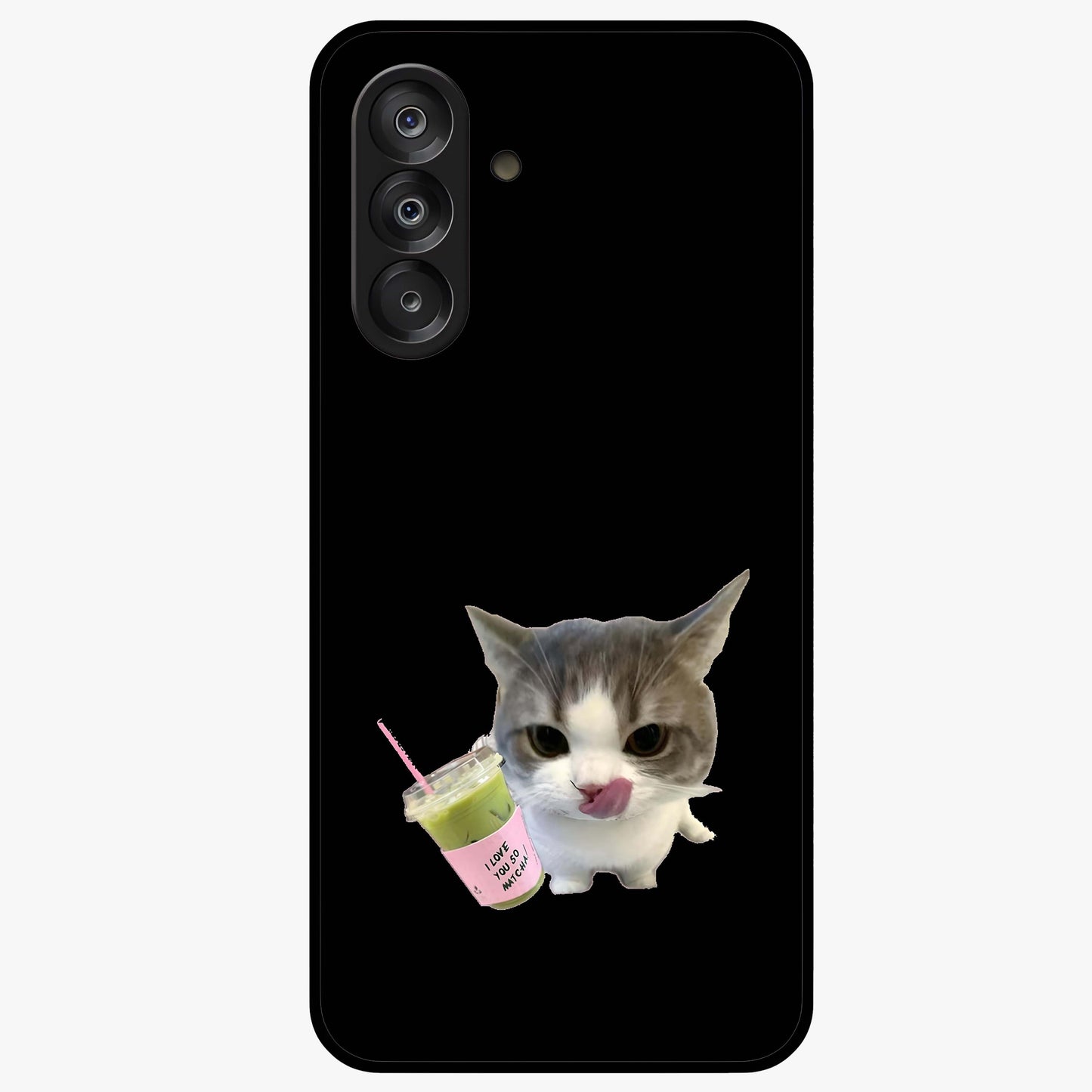 Matcha Cat Style Glass Case showing flat back view with cute matcha themed cat artwork and glossy glass finish.