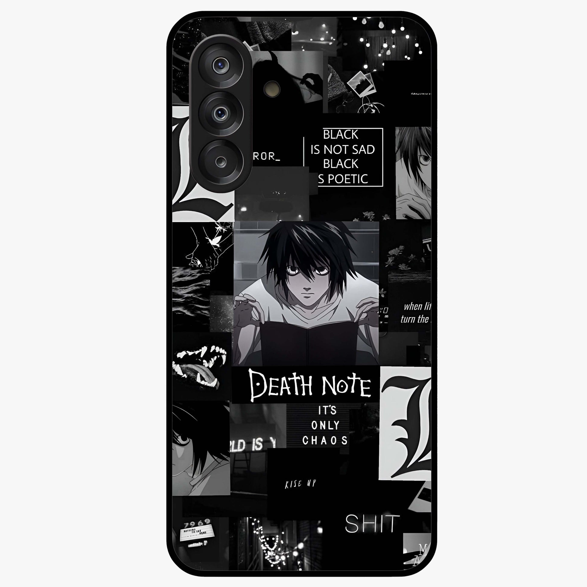 Midnight Chaos Mind Glass Case showing flat back view with abstract dark themed artwork and glossy glass finish.