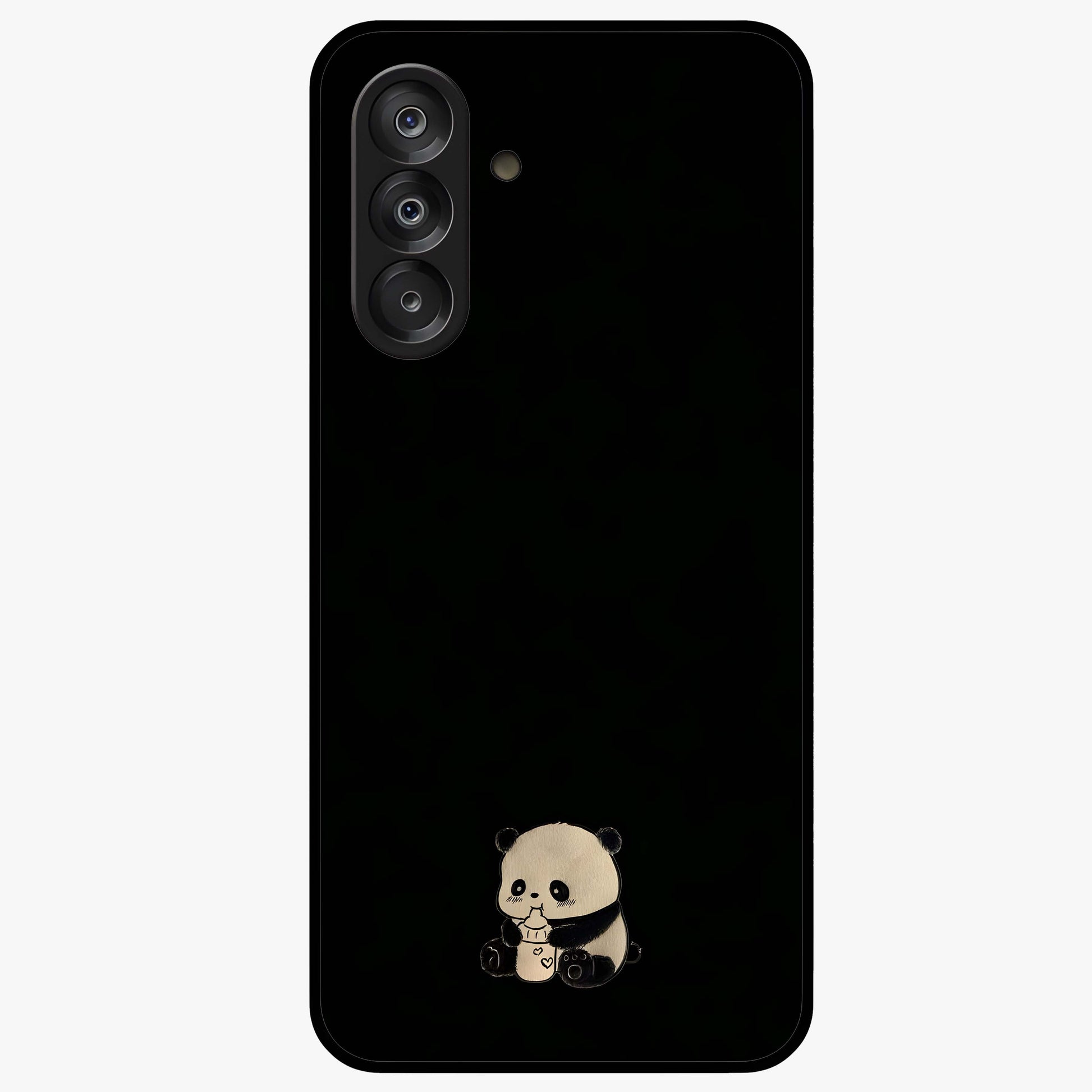 Midnight Panda Love Glass Case showing flat back view with cute panda themed artwork and glossy glass finish.